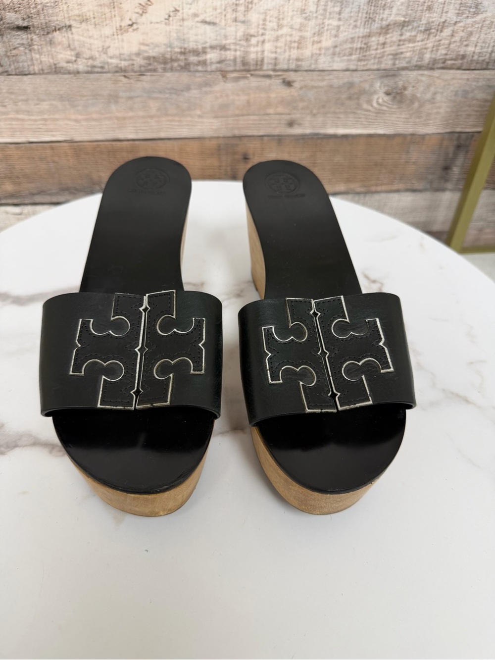 Tory Burch Black Leather Wooden Wedge Sandals